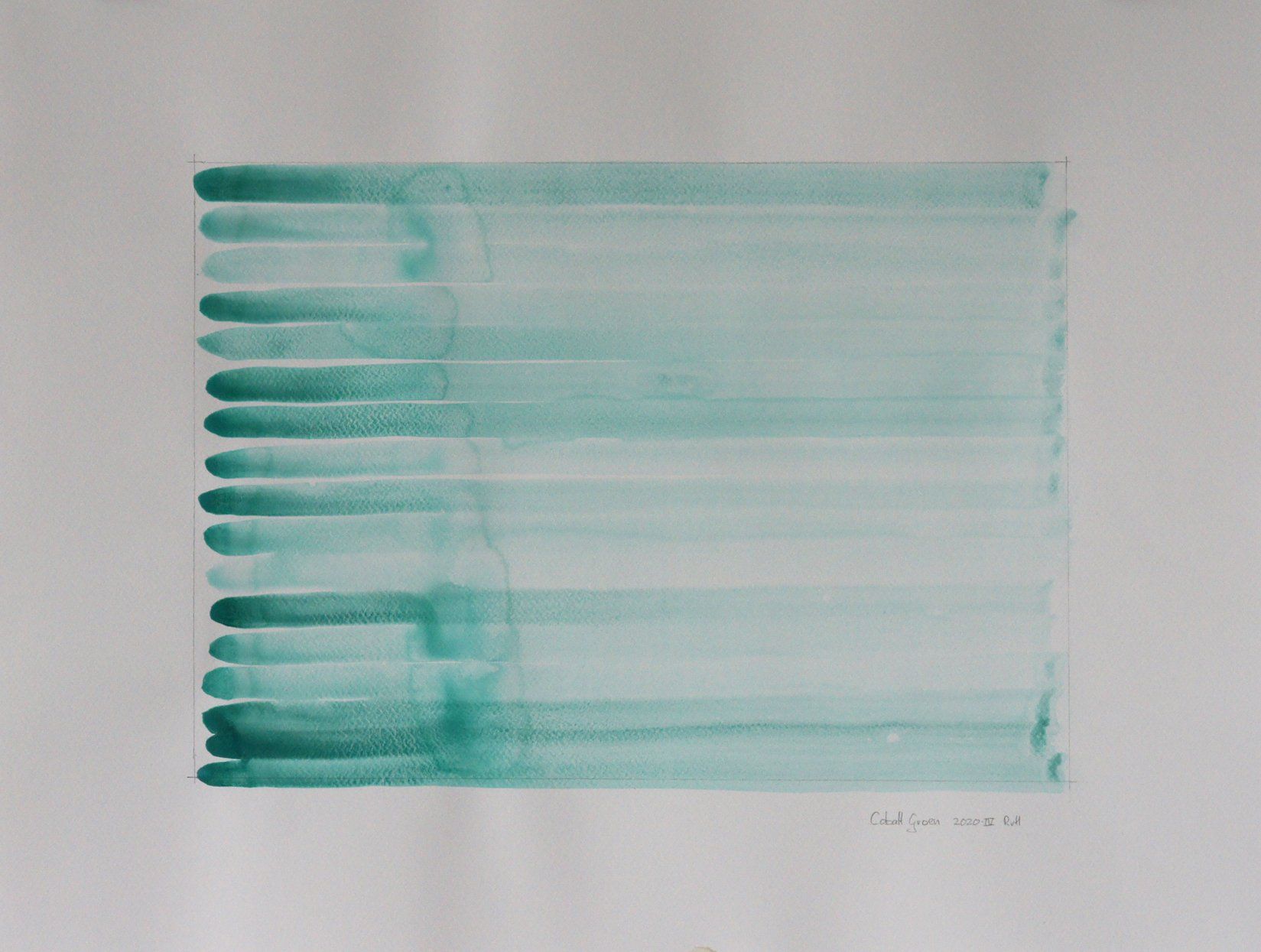 Aquarel schilderij van horizontale strepen in turquoise die vanaf de donkere linkerrand vervagen naar een lichtere, aquarelachtige overgang aan de rechterkant.