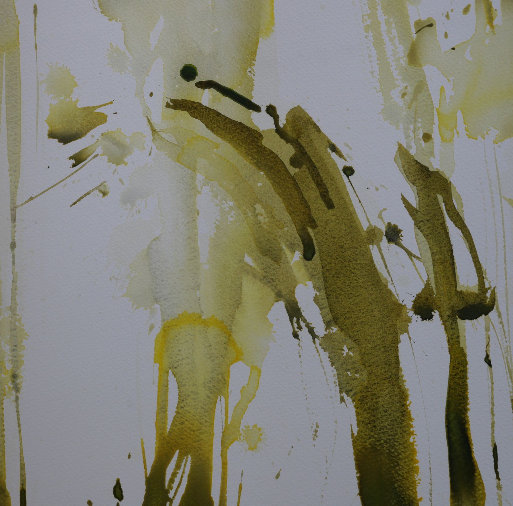 Abstracte aquarel met vloeiende olijf- en geelgroene inktspatten en penseelstreken op een witte achtergrond.
