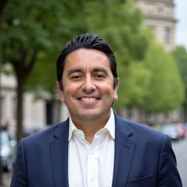 A man in a suit and tie is smiling in front of a graph.