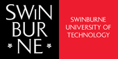 Swinburne University of Technology logo in white on black and red background.