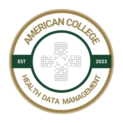 American College Health Data Management circular logo in gold, green, and white with EST 2023