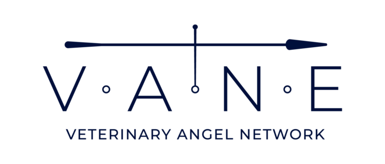 Veterinary Angel Network (VANE) logo with stylized dark blue text and a veterinary symbol above, on a white background