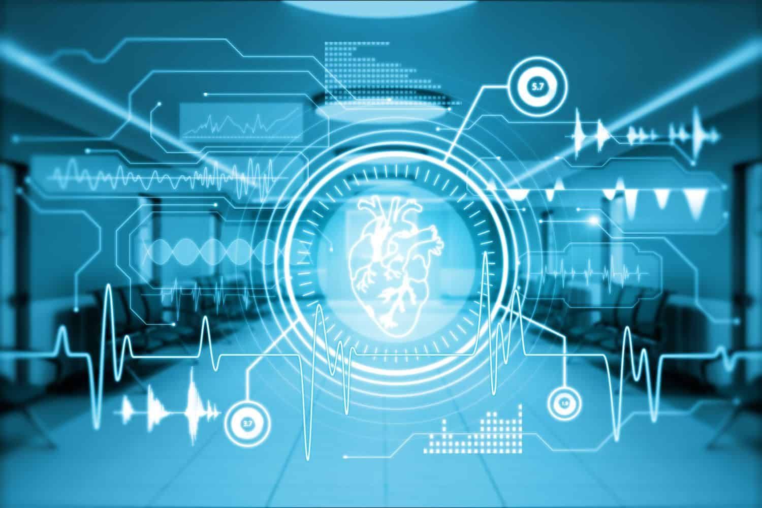 Abstract blue medical interface with heart icon, ECG lines, and digital healthcare graphics.