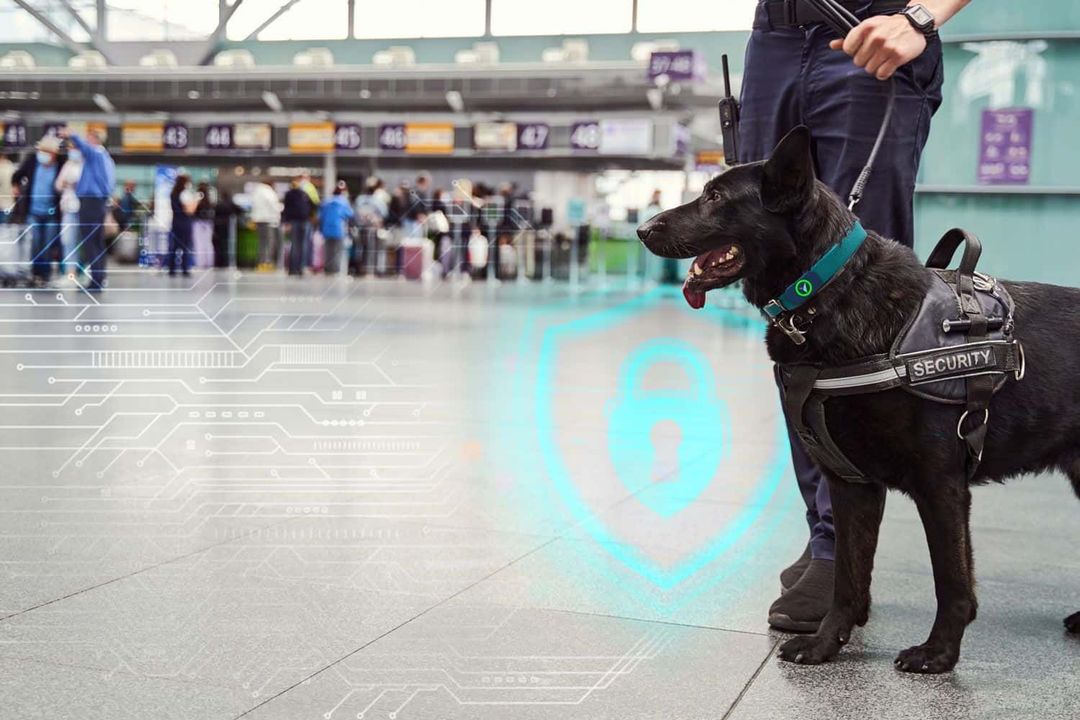 Black service dog with an AI enabled HUD overlay in harness standing beside handler in a busy train station.