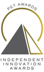 Pet Awards Independent Innovation Awards logo with gray pyramid and gold circular arc