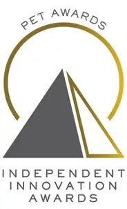 Pet Awards Independent Innovation Awards logo with gray pyramid and gold circular arc