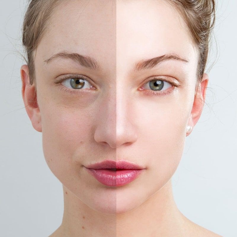 Close-up portrait of a person against a light background, with a vertical split showing makeup-free and made-up sides