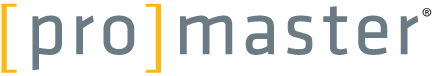 ProMaster logo with gray text and orange brackets on a white background