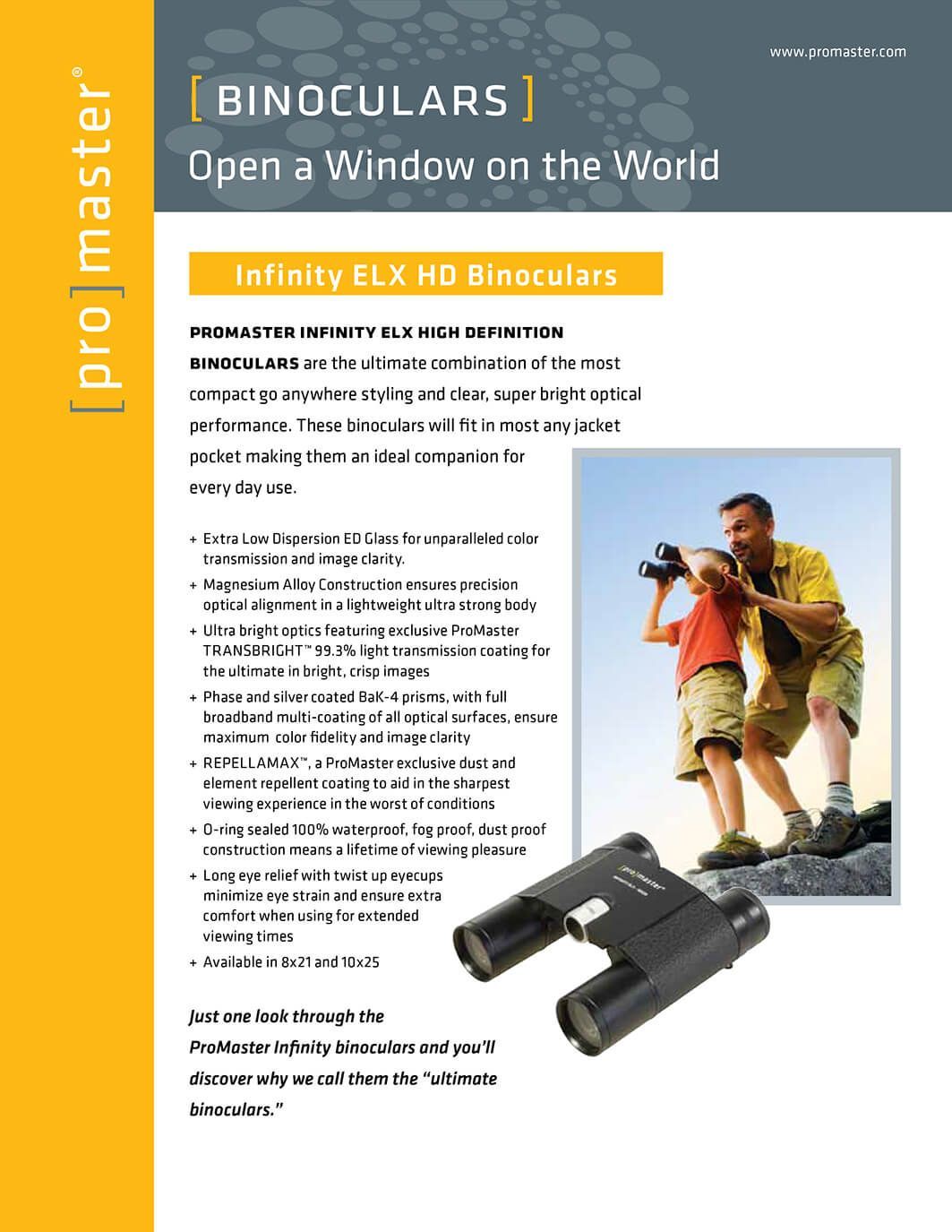Promotional flyer for binoculars with hikers on a mountain and product photo against a white background