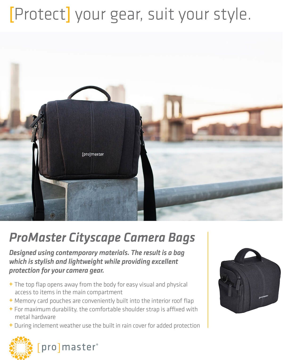 Black ProMaster camera bag on a railing by a waterfront, with bridge in the background.