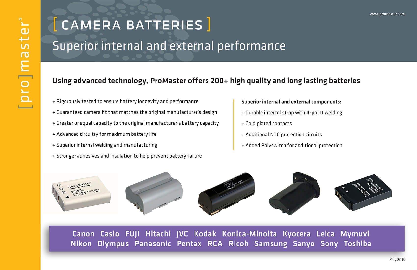 Camera batteries catalog slide with battery images, feature bullets, and brand logos on a white and gray background