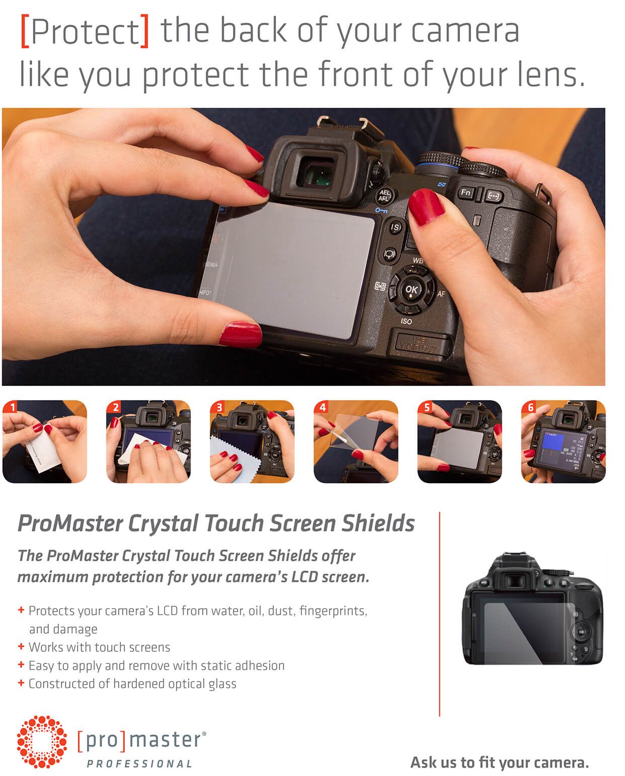 Hands protecting a DSLR camera back screen with a protective shield applied