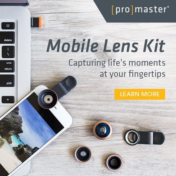 Promotional graphic for Mobile Lens Kit with smartphone, lens attachments, and “Learn More” button