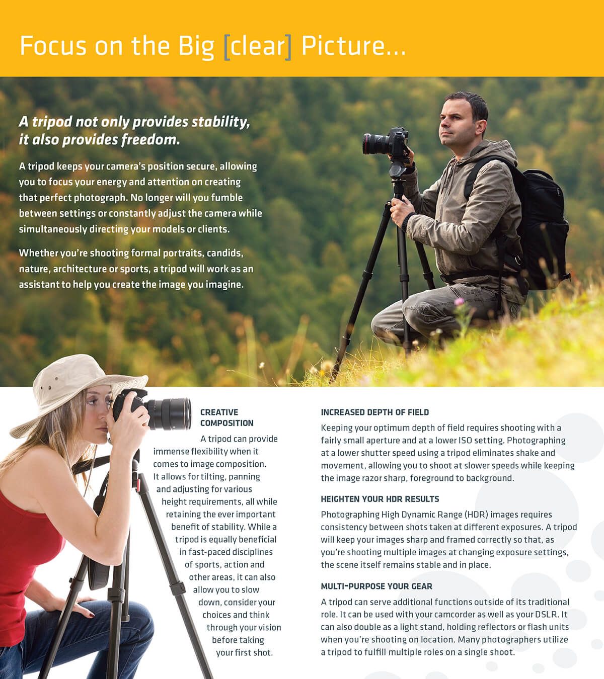 Two photographers using tripods outdoors; top banner says “Focus on the Big [clear] Picture...”
