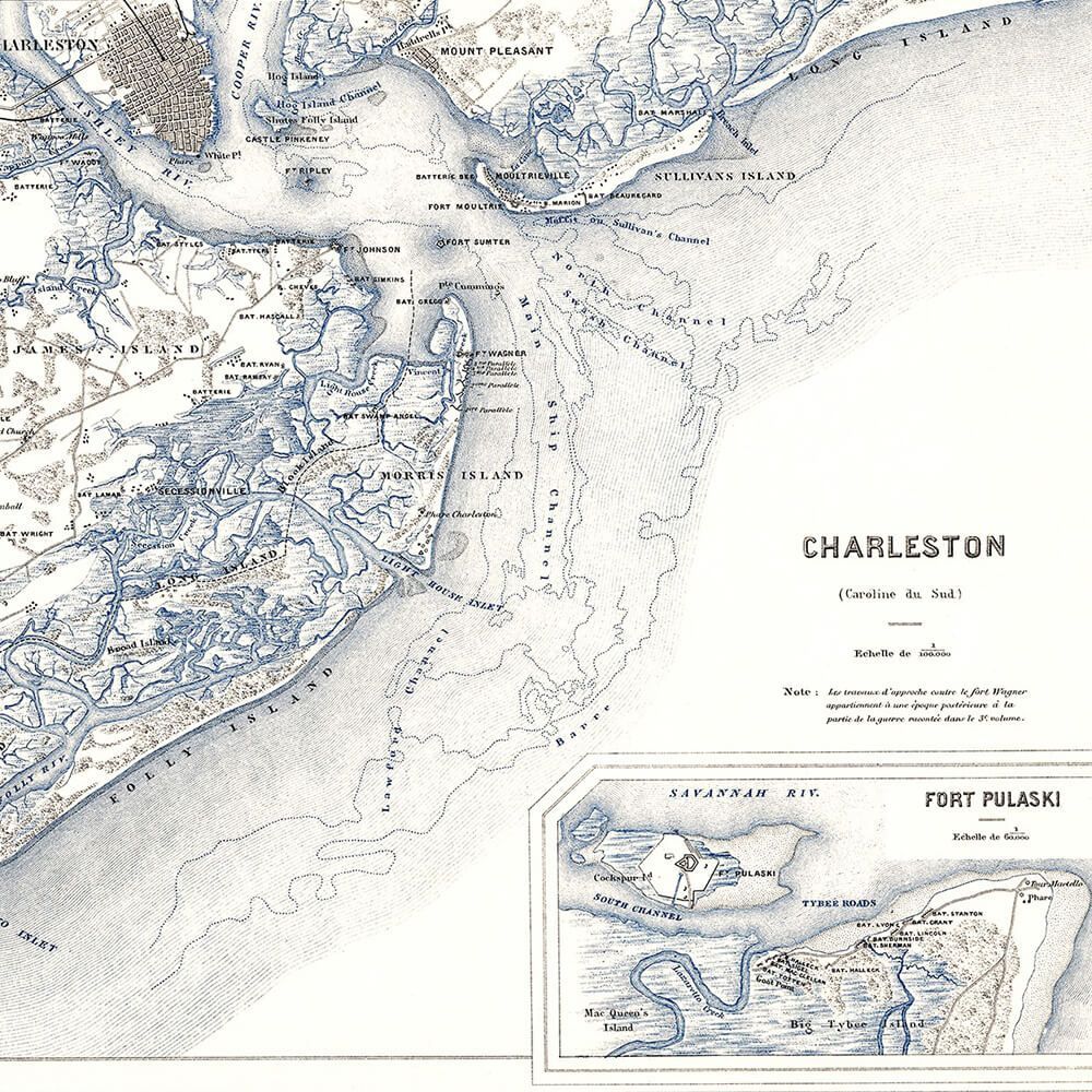 Antique map of Charleston and Fort Palaski coastline, with inset harbor detail.