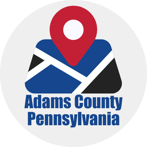 A logo for adams county pennsylvania with a map pin
