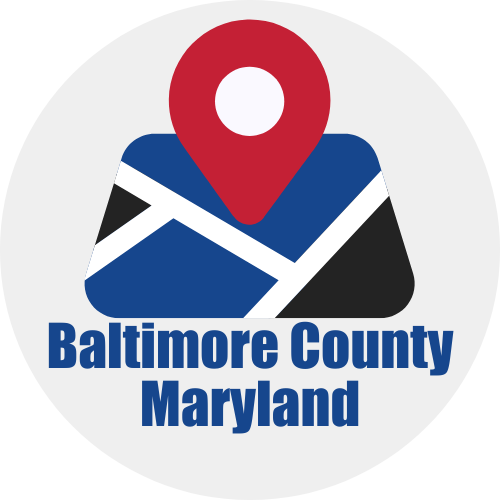 A logo for baltimore county maryland with a map pin