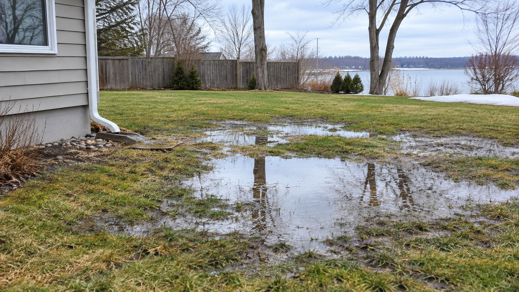 Waterlogged backyard beside a gray house, with puddles reflecting bare trees and a lake in the distance.