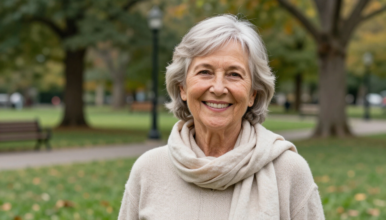 Senior woman smiling in Springfield MA park representing wellness and health after weight loss.