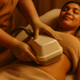 A woman is getting a treatment on her stomach