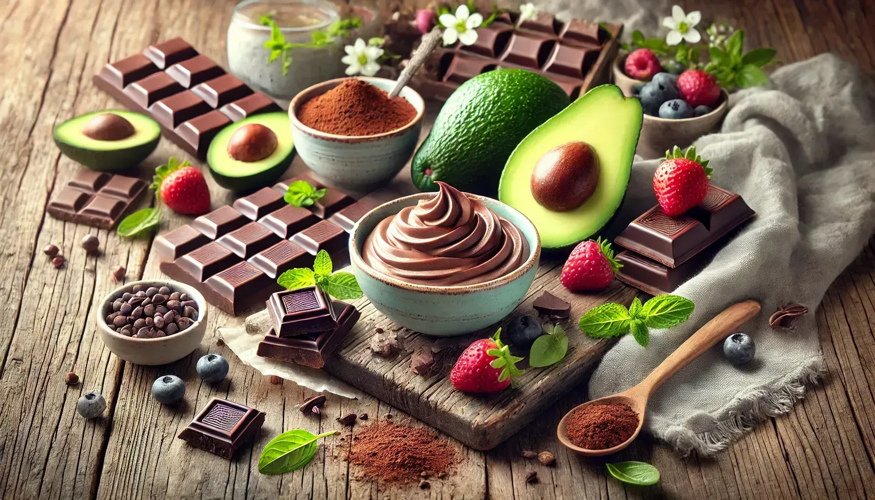 A wooden table topped with chocolate , avocado , strawberries , blueberries and chocolate.