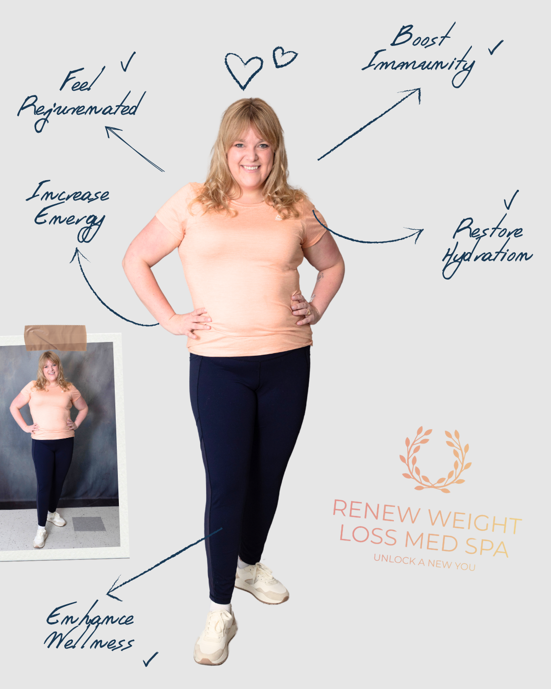 A woman is standing showing benefits of IV infusion therapy