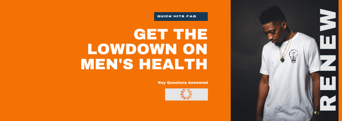 A man is standing in front of an orange banner that says `` get the lowdown on men 's health ''.