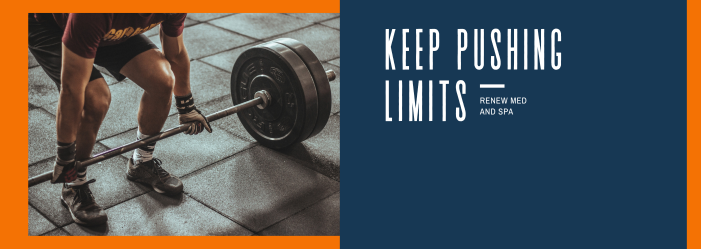 A man is lifting a barbell with the words `` keep pushing limits '' written on it.