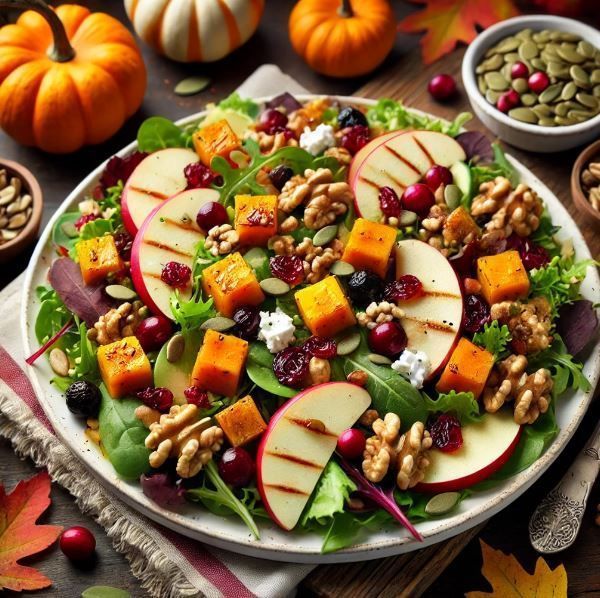 A salad with apples pumpkin cranberries and walnuts on a plate