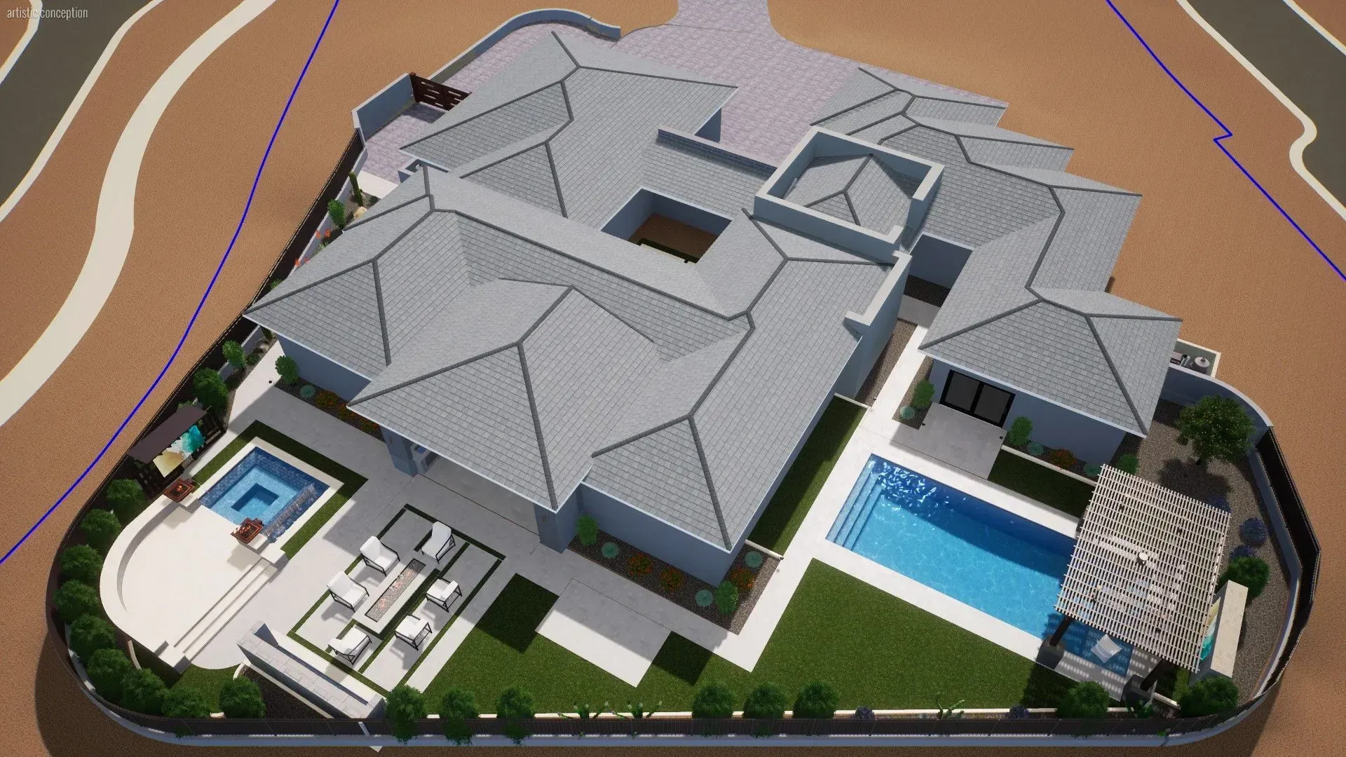 Aerial view of a large modern house with a pool, patio, and fenced yard