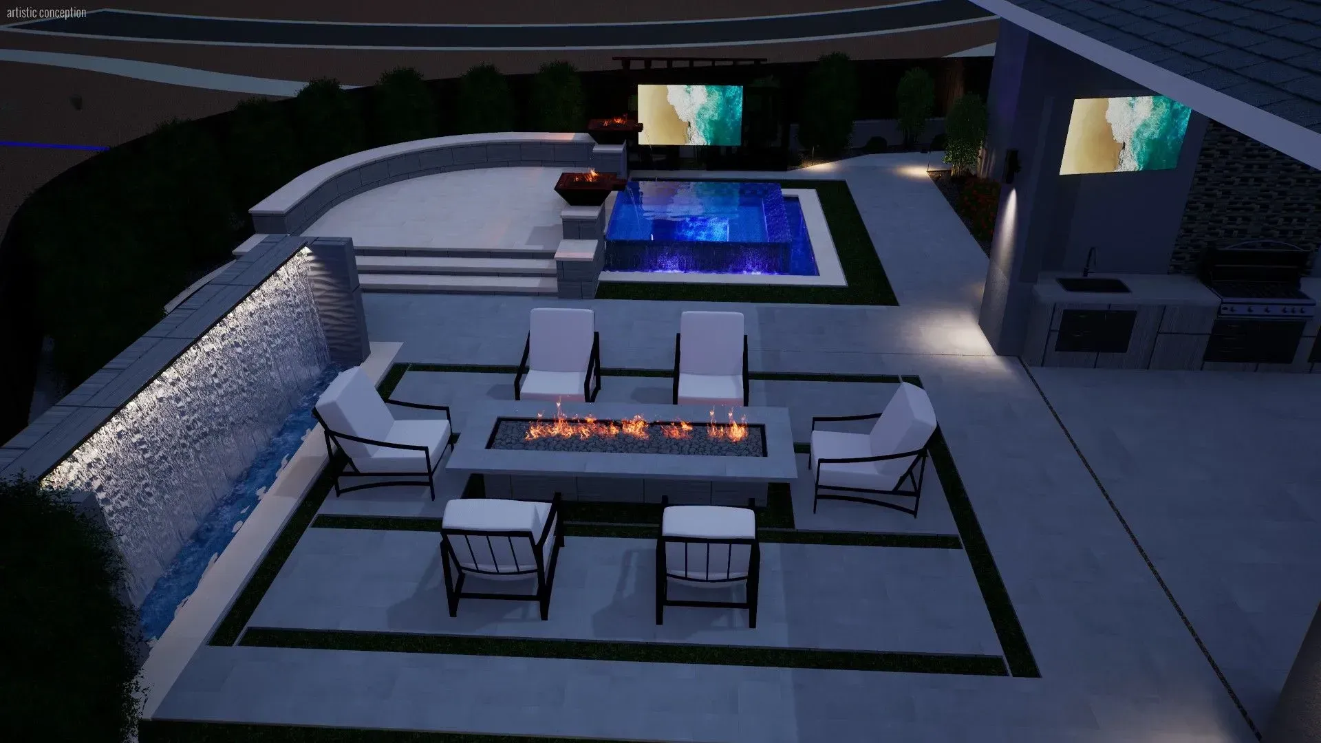 Modern outdoor patio with sectional seating, fire pit, and a lit pool at night