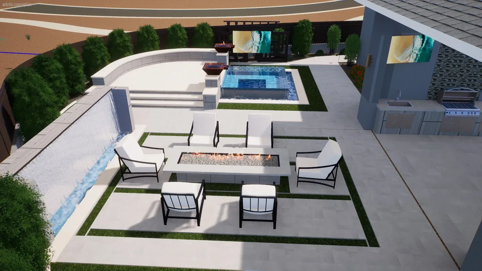 Modern backyard patio with white sectional seating, dining table, green turf borders, and a pool.