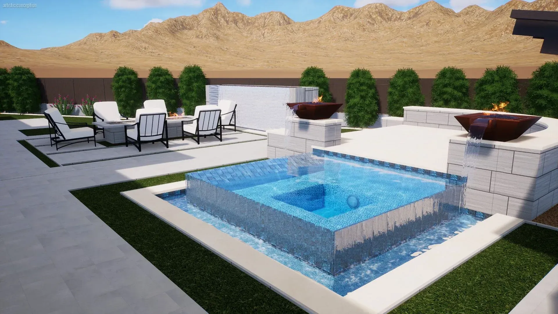 Modern backyard patio with a blue pool, white lounge chairs, and desert mountains in the background