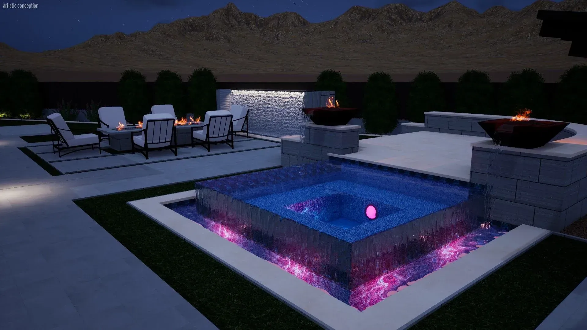 Modern patio with glowing blue-lit hot tub and fire pit at dusk, with lounge seating and desert mountains.