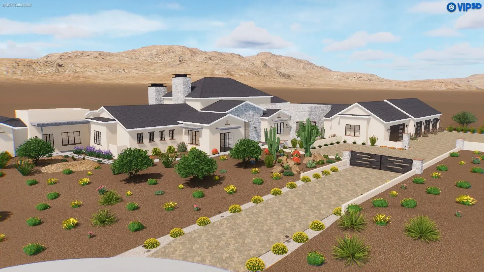 Modern desert villa with white buildings, landscaped yard, and mountains in the background