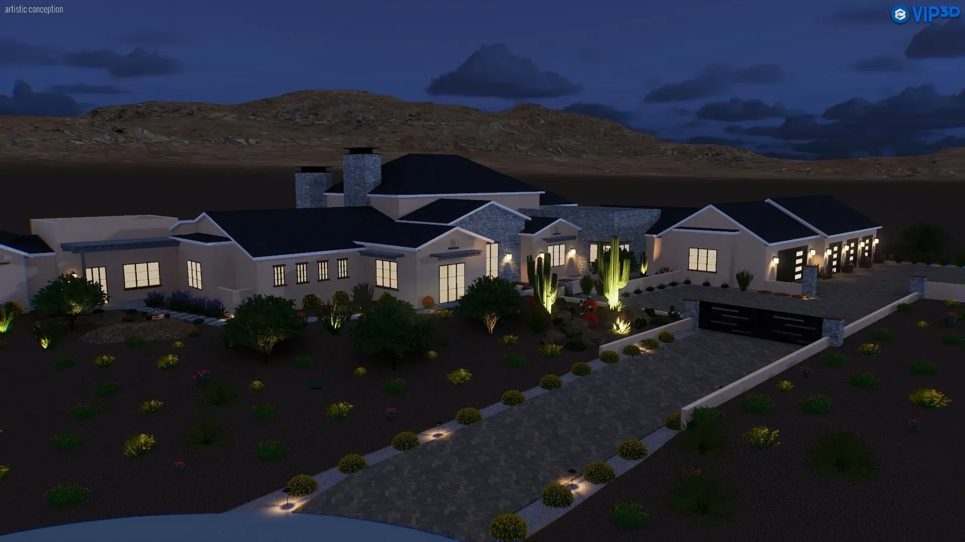 Modern single-story house at dusk with lit windows, landscaped yard, and a winding walkway under a dark sky