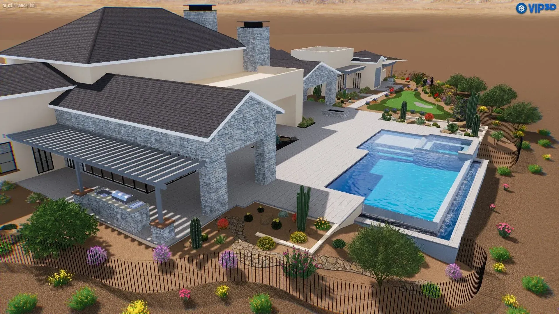 Modern luxury home with a pool, patio, and desert landscaping viewed from above
