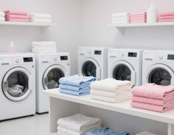 Espacio moderno de lavandería con prendas limpias y cuidado textil