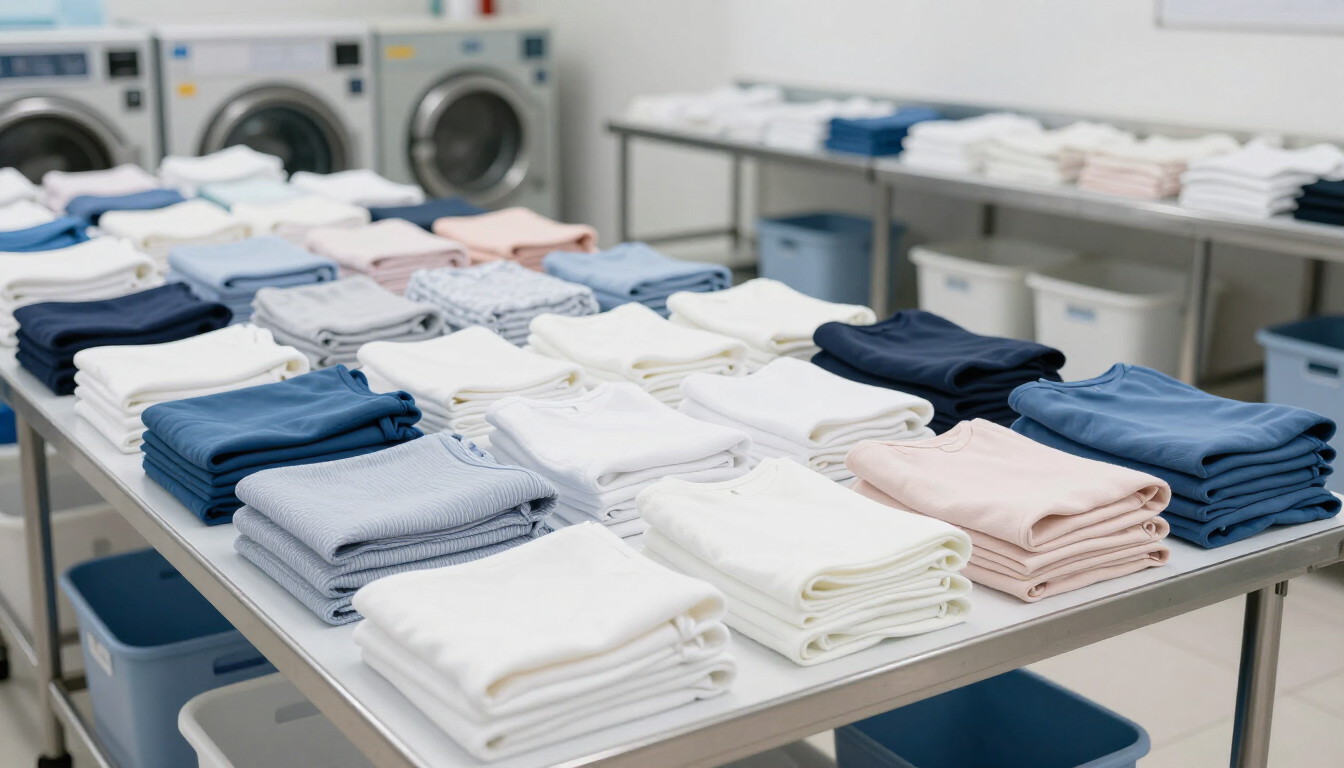 Proceso de cuidado textil profesional con prendas organizadas y limpias