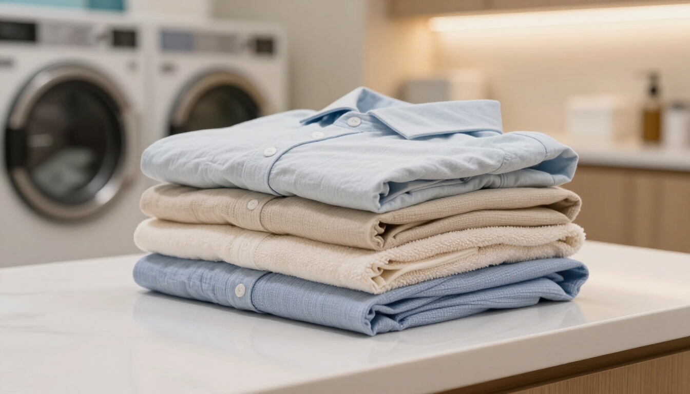 Prendas limpias, dobladas y listas para entregar después de un tratamiento textil