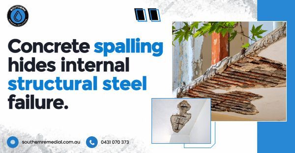 Concrete spalling hides internal structural steel failure.