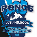 Logo for Ponce Heating and Air Conditioning LLC. Contains a phone number, mountain silhouette, and blue accents.