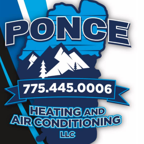 Logo for Ponce Heating and Air Conditioning LLC. Contains a phone number, mountain silhouette, and blue accents.