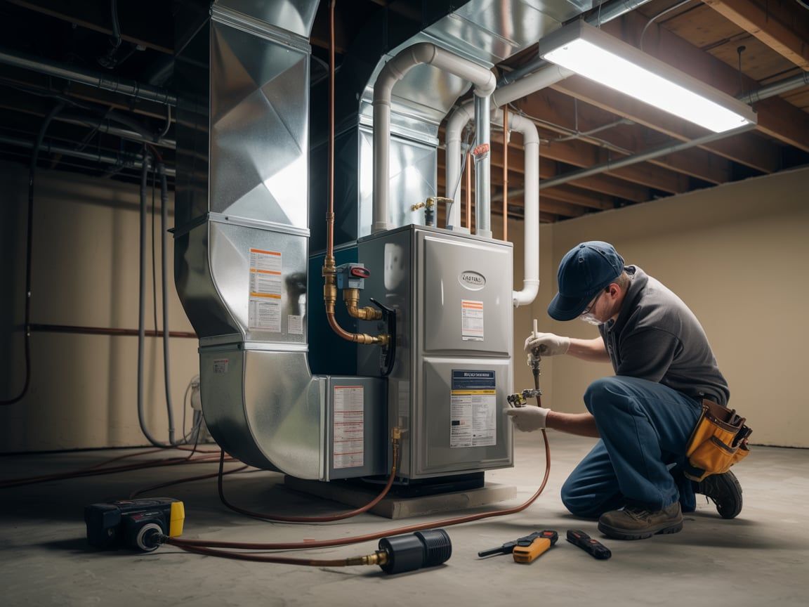 HVAC technician kneels near a furnace, connecting wires. Basement setting.