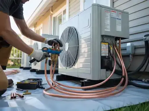 HVAC technician installing copper refrigerant lines on an outdoor air conditioning unit.