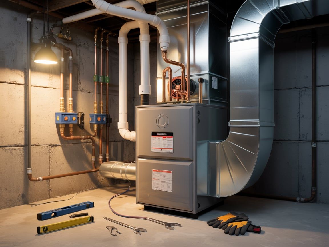 Furnace in a basement, with ventilation and copper pipes. Tools and gloves on the floor, lit by a single bulb.