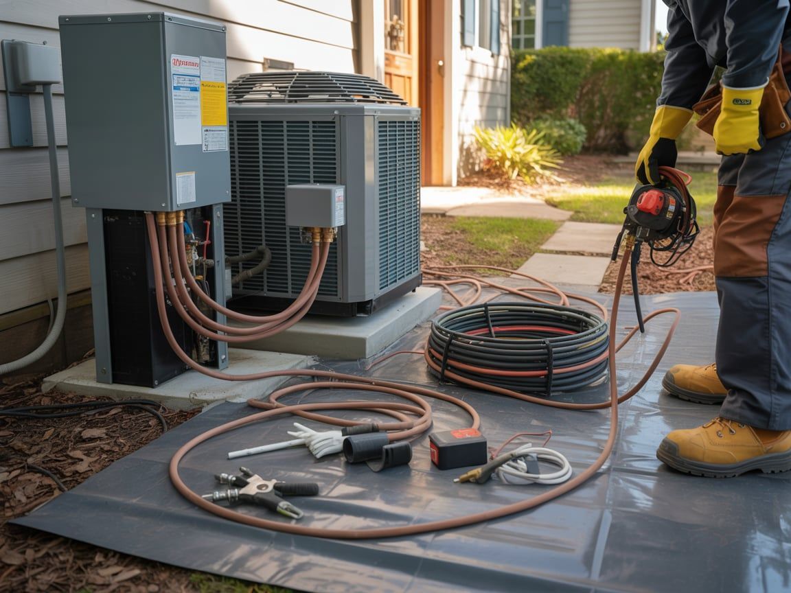 HVAC technician installs an air conditioning unit outside a home, tools and equipment laid out.