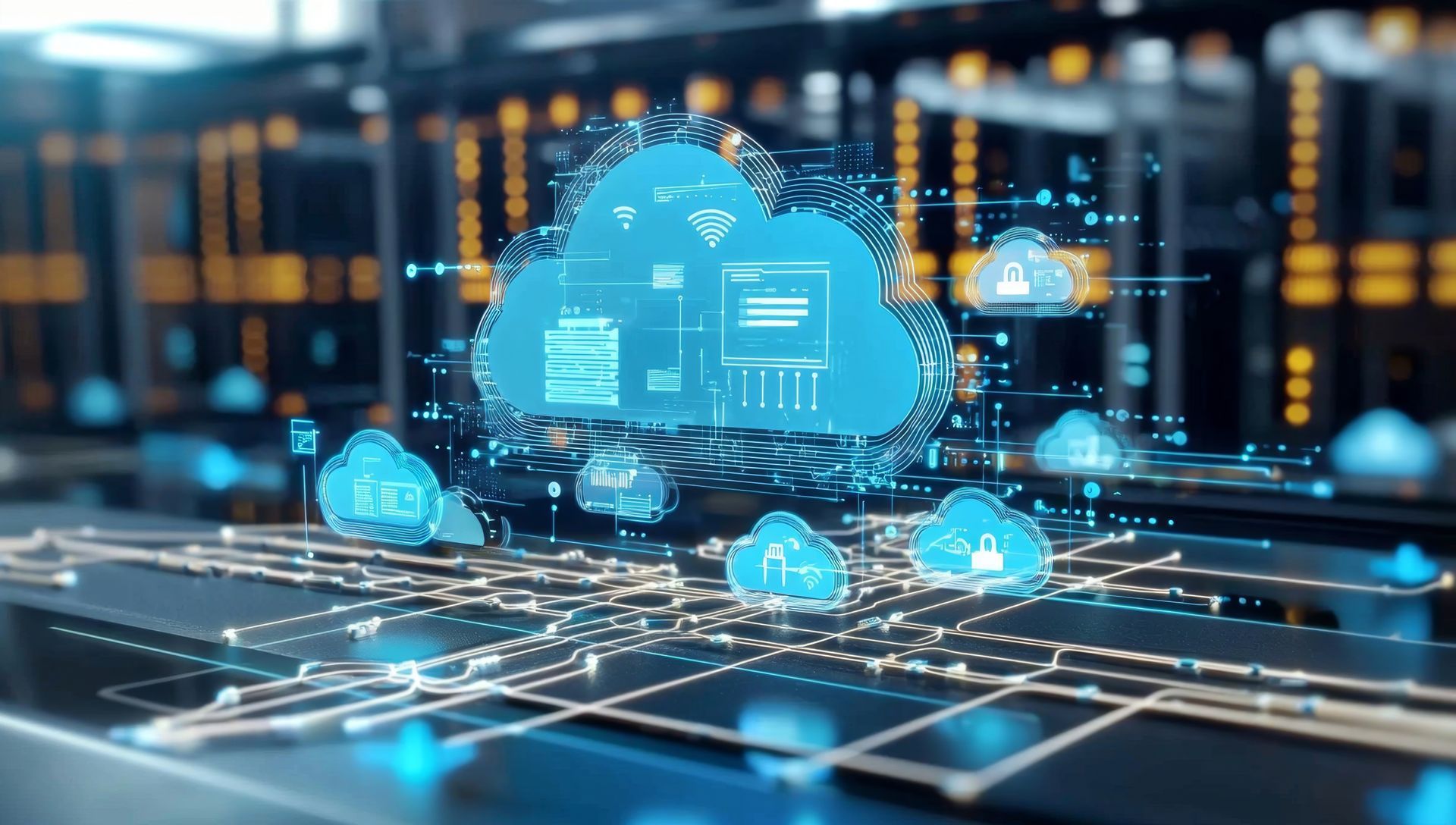 Digital cloud network over server room infrastructure. Blue digital clouds with data visualizations and connections.