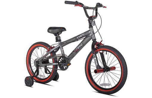 Gray and red BMX style bicycle with training wheels on a white background.