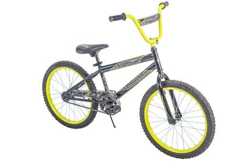 Black BMX bike with yellow rims and handlebars.